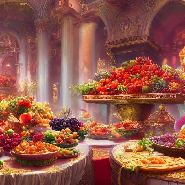 Fruit Buffet in a Greek Room: Detailed Matte Painting