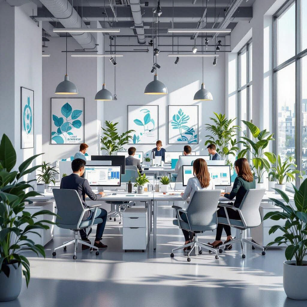 Stylish Open-Plan Office in 3D Anime Art Style