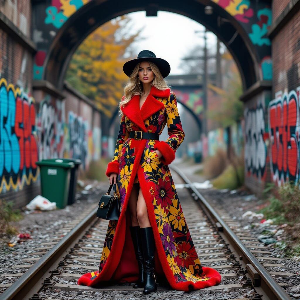 Woman in Luxury Autumn Fashion Under Graffiti Arch