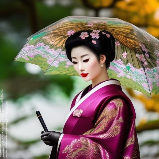 Geisha with Cherry Blossoms: Modern Ink Painting