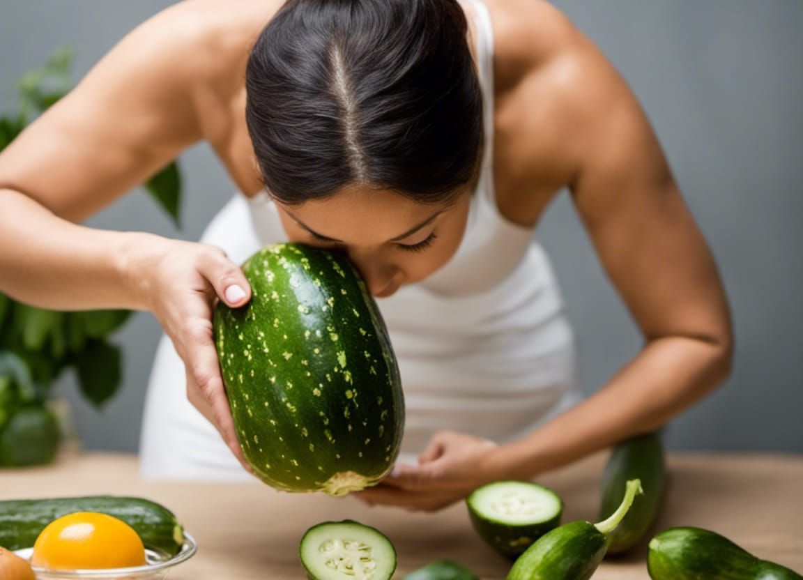 Woman Picking Up Cucumber in Tropical Setting