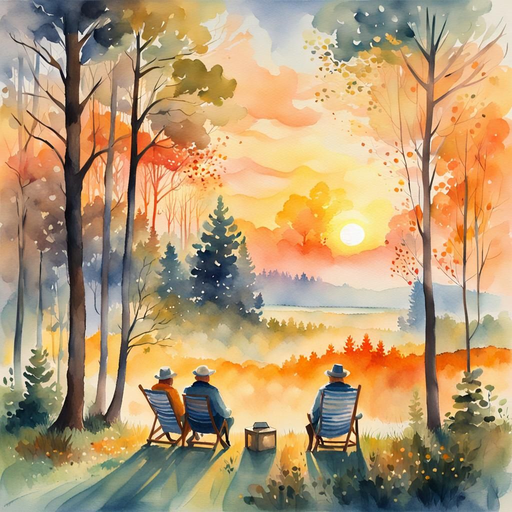 Idyllic Sunset Glade: Watercolor Impressionism