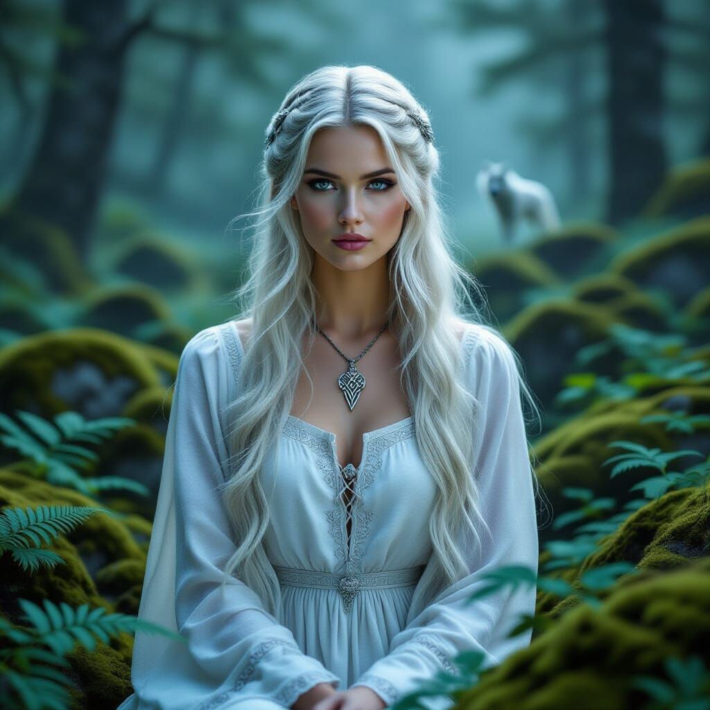 Ethereal Fylgja in Misty Scandinavian Forest at Twilight