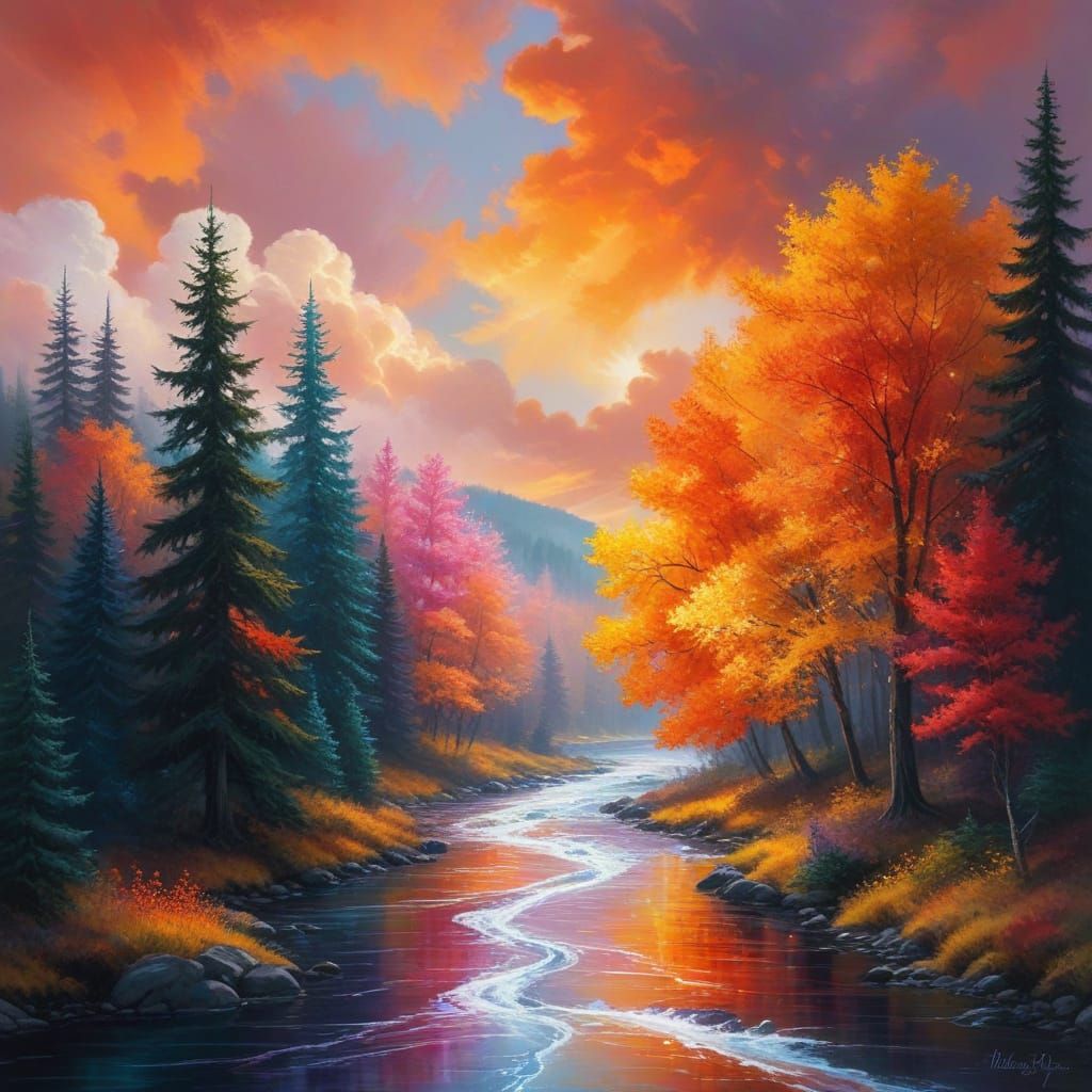 Autumnal Enchanted Forest Scene in Whimsical Watercolor Styl...