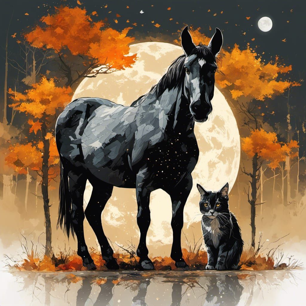 Cat and Donkey in Majestic Halloween Scene