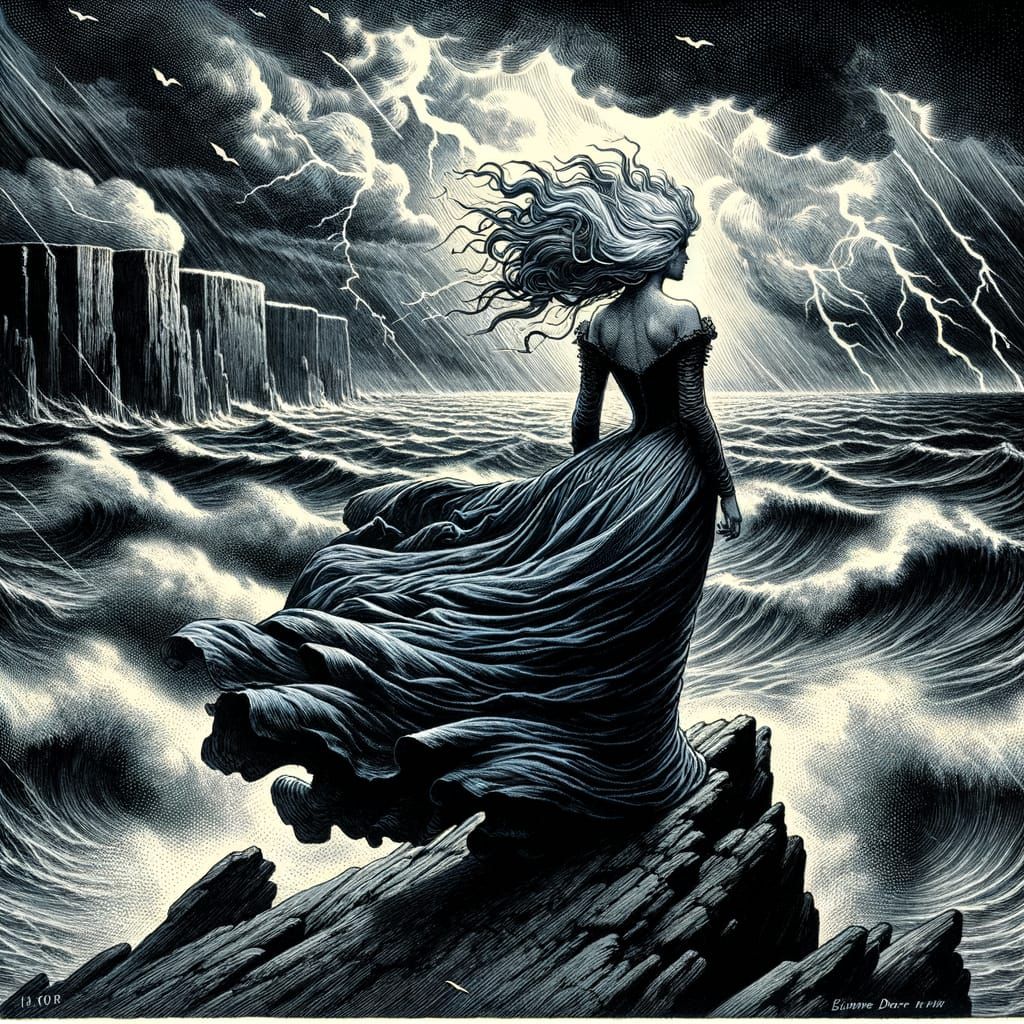 Gothic Goddess Amidst Storm, Etching Style