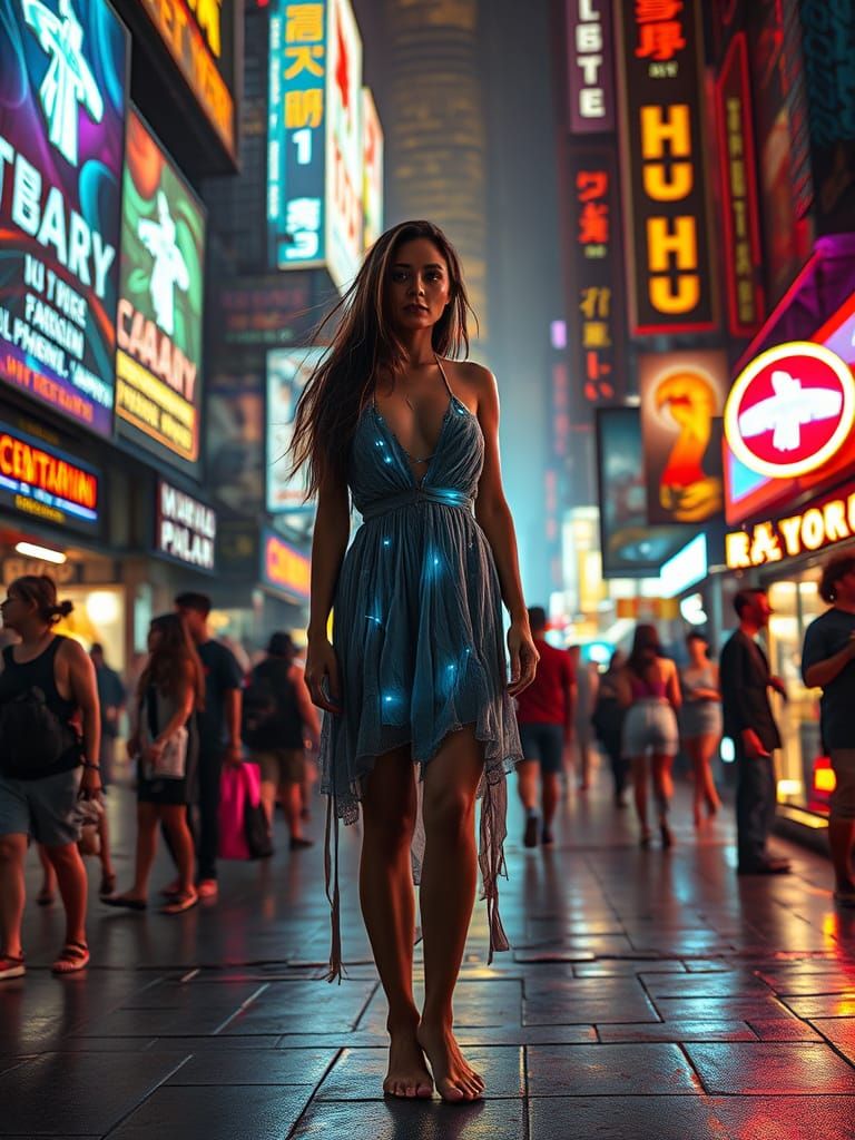 An italian woman stands in a vibrant, neon-lit futuristic marketplace