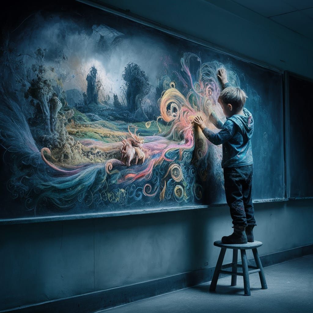 Child Creates Chalk Drawing on Schoolroom Chalkboard