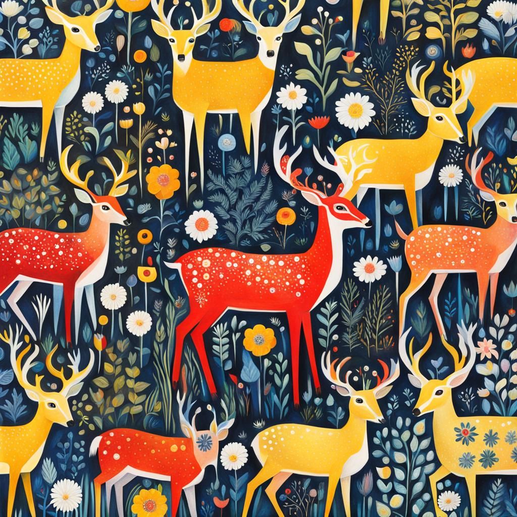 Deer in Meadow: Intricate Floral Art