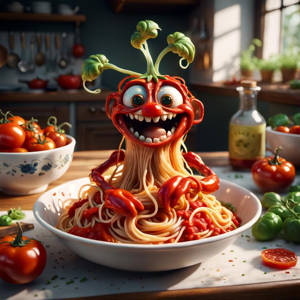 Linguini Creature in Marinara Sauce, Hyperrealistic Digital ...