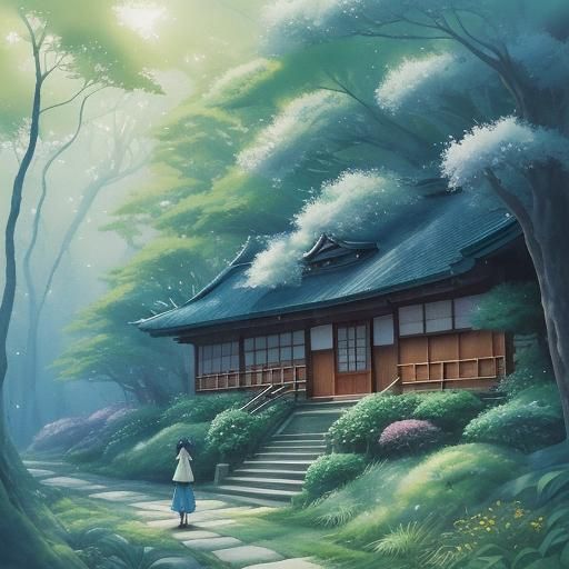 Ghibli-Style Girl in Forest Watercolor Illustration