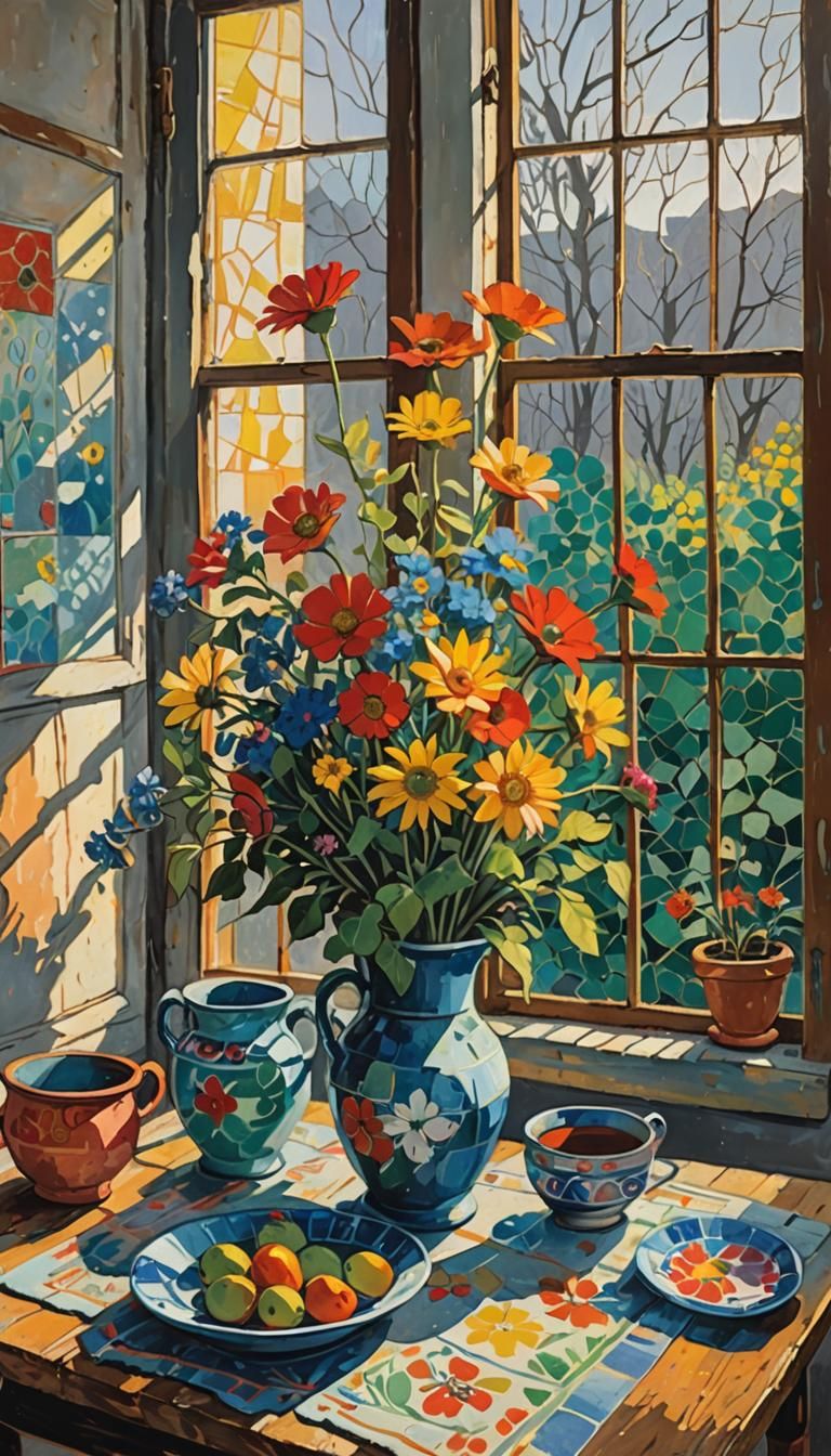 Golden Sunlight Bursts Through Window, Abstract Painting