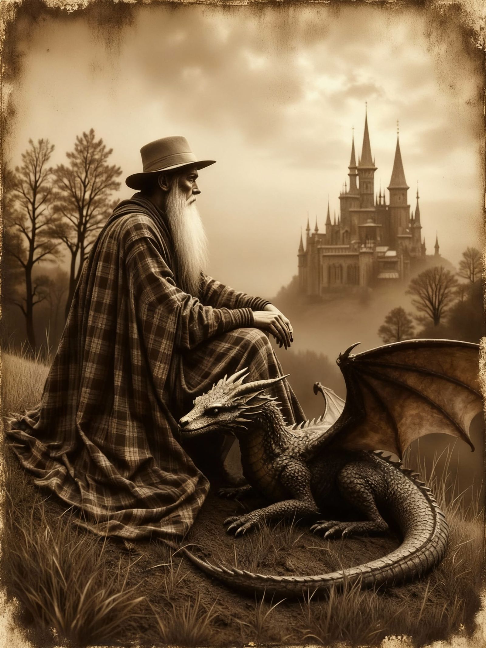 Elderly Wizard and Dragon on Grassy Hill