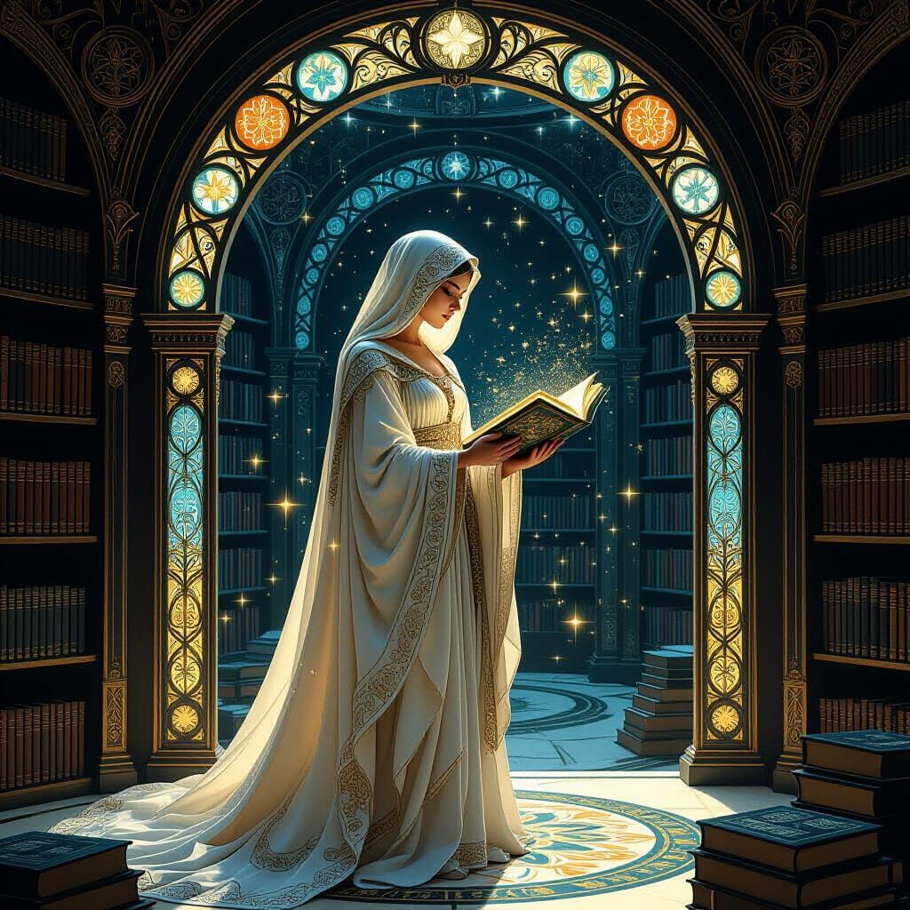 Celestial Librarian in Art Nouveau Library