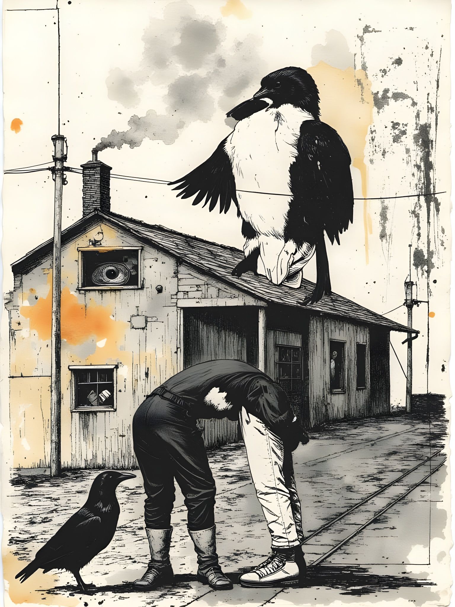 A Mixed Media Artwork of a Train Station Scene in a Grungy, ...