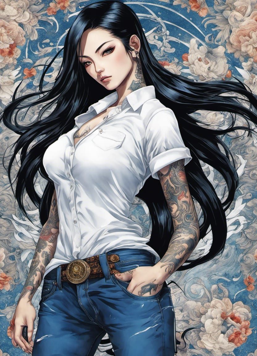 Anime Yakuza Woman with Tattoos in Manga Style