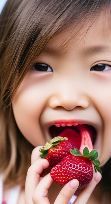 Mouth Bites Juicy Strawberry: Realistic Close-Up