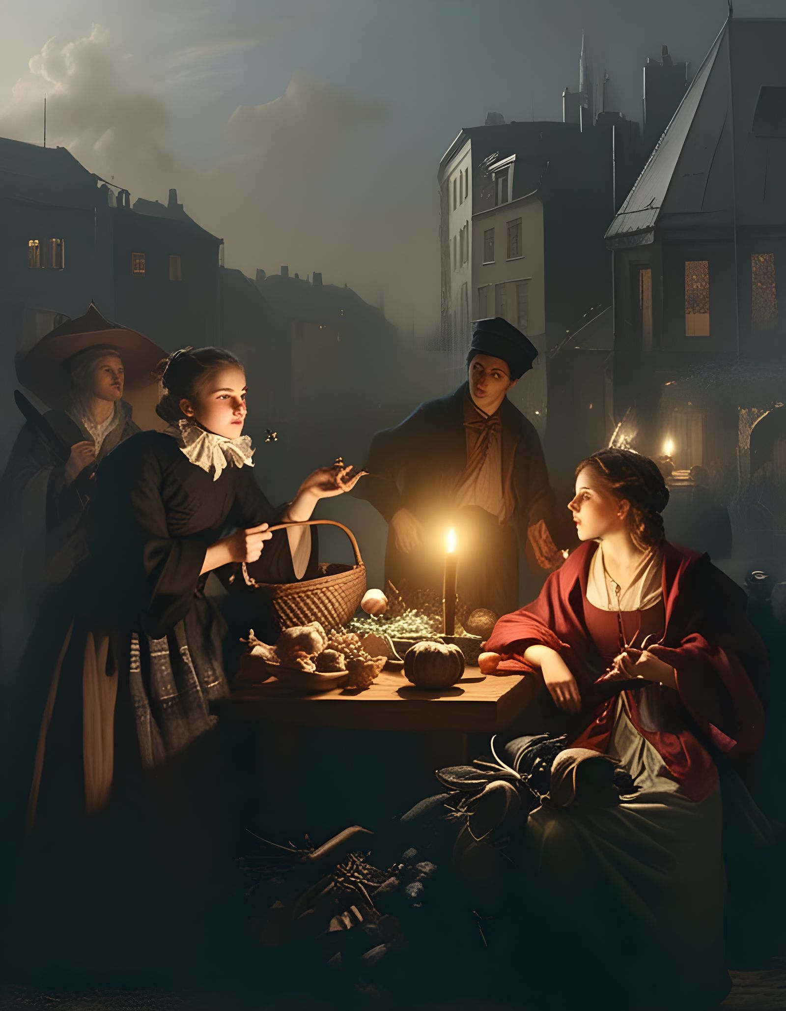 Purchasing vegetables at the night market in Arnhem, 1700