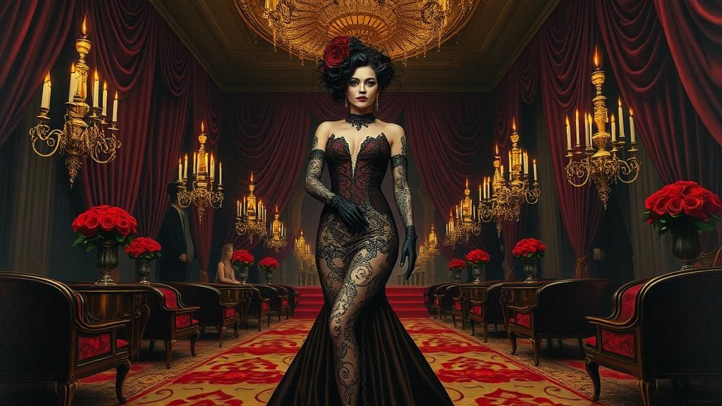 Gothic Femme Fatale in Surreal Masquerade, Impasto Painting