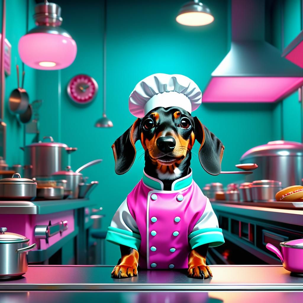 Chibi Chef Dachshund in 50s Diner, Fantasy Art