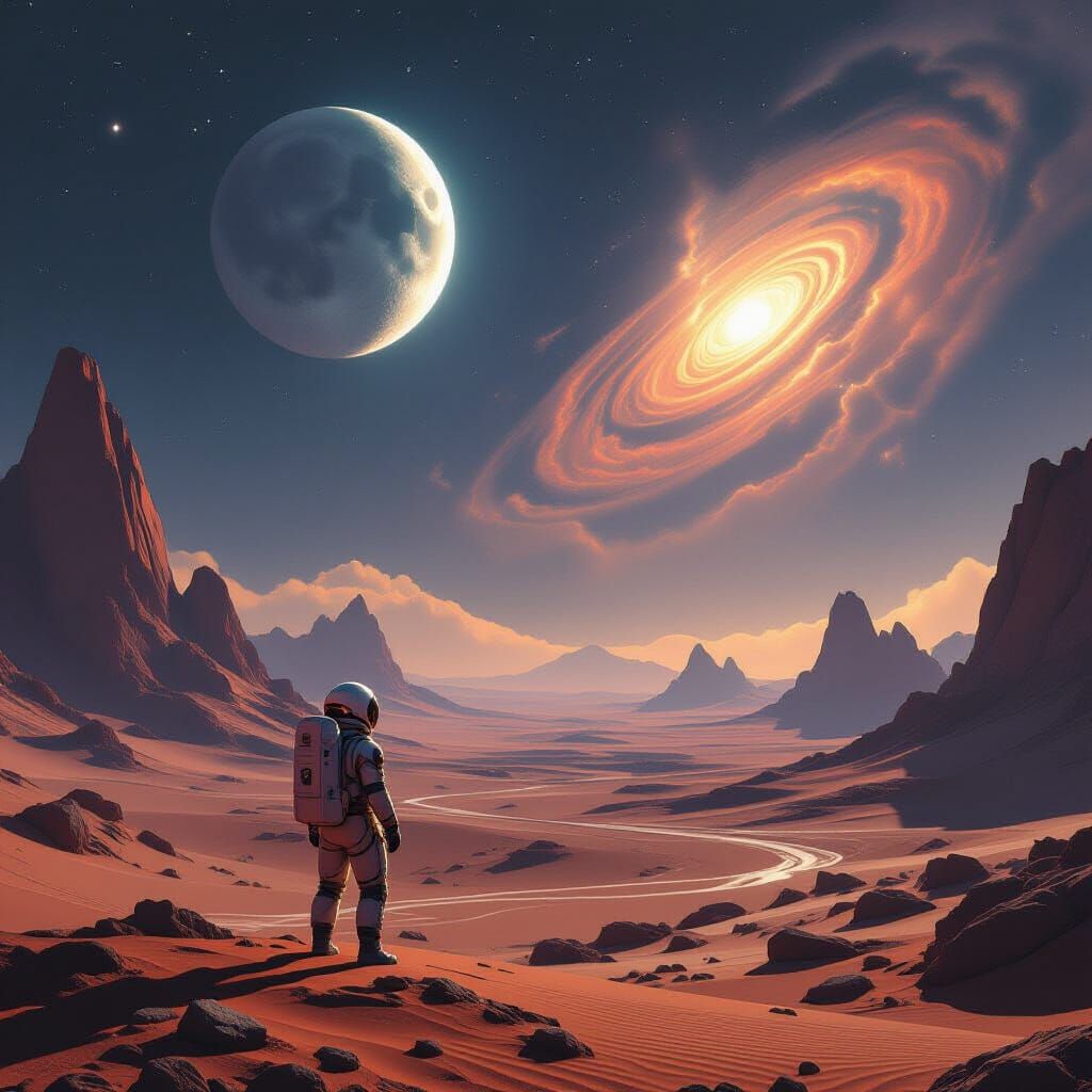 Astronaut Gazes at Alien Desert Sky with Twin Moons