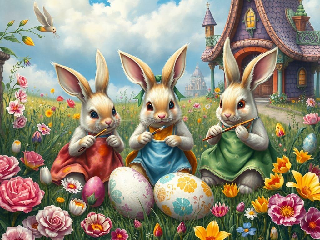 Bunnies Painting Easter Eggs in a Whimsical Meadow
