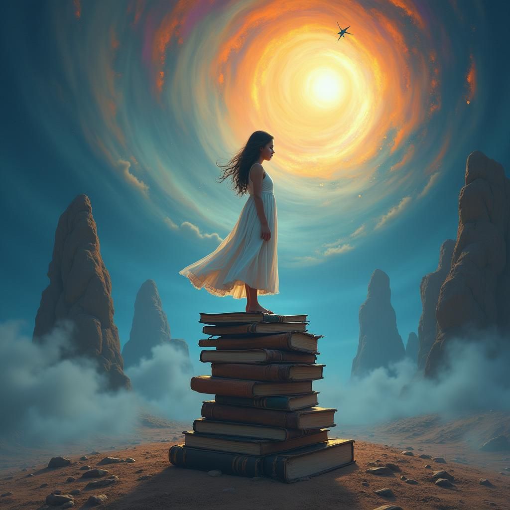 Girl on Books in Dreamlike Sci-Fi Landscape