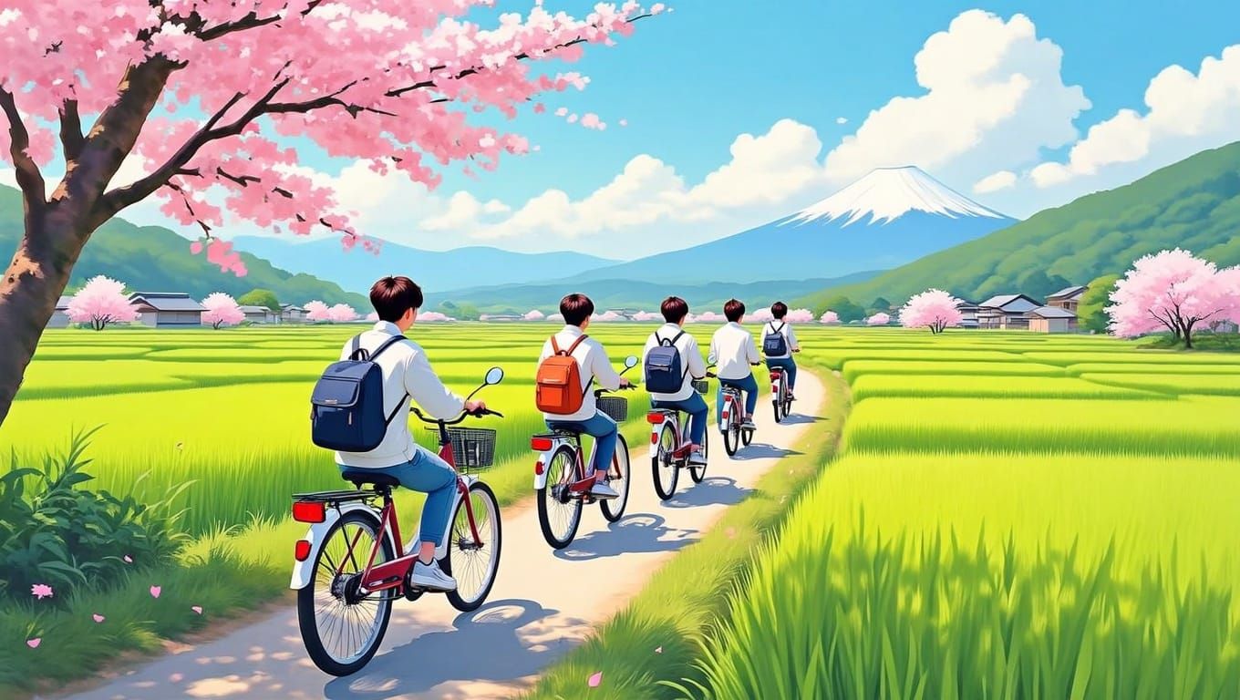 Cyclists Ride Through Japanese Countryside in Watercolor Sty...