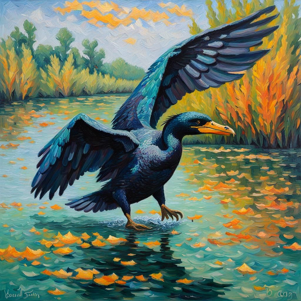 Cormorant Hunt: Neo-Impressionist Oil Painting
