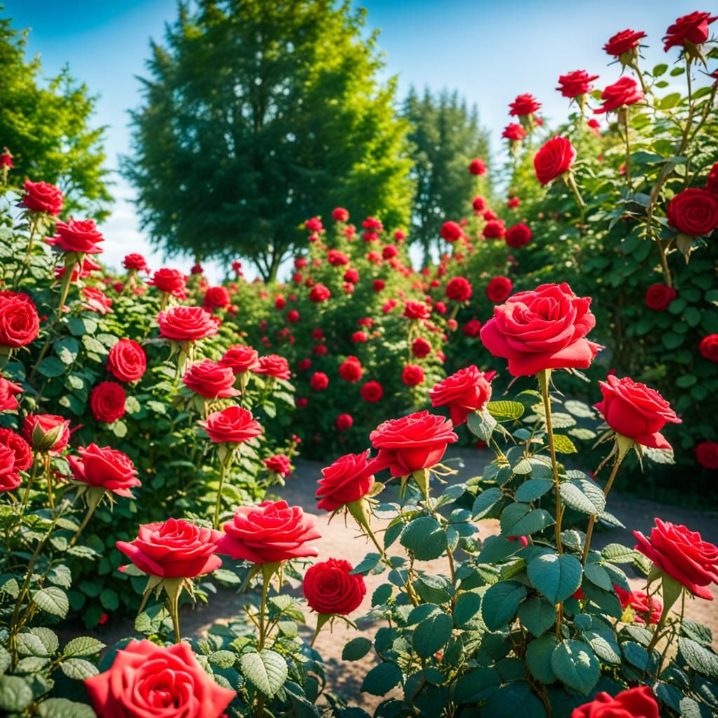 Beautiful Red Roses in a Sunny Rose Garden