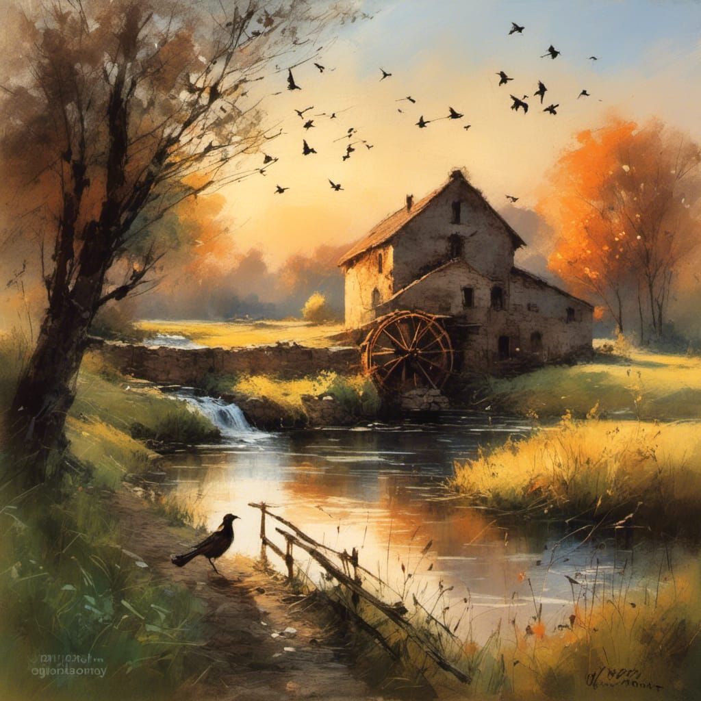 Bucolic Sunset Landscape with River and Waterwheel