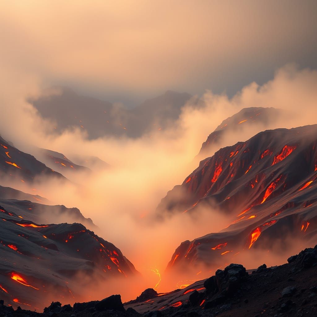 Volcanic Valley in Golden Mist: Abstract Landscape