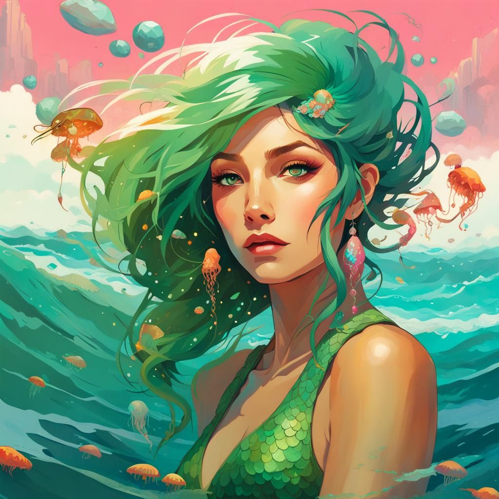 Sea-Green Haired Mermaid in Cyberpunk Style