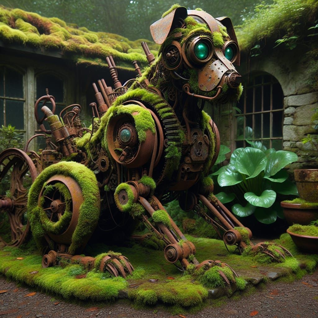 Steampunk Dog in Forgotten Garden, Biomechanical Art