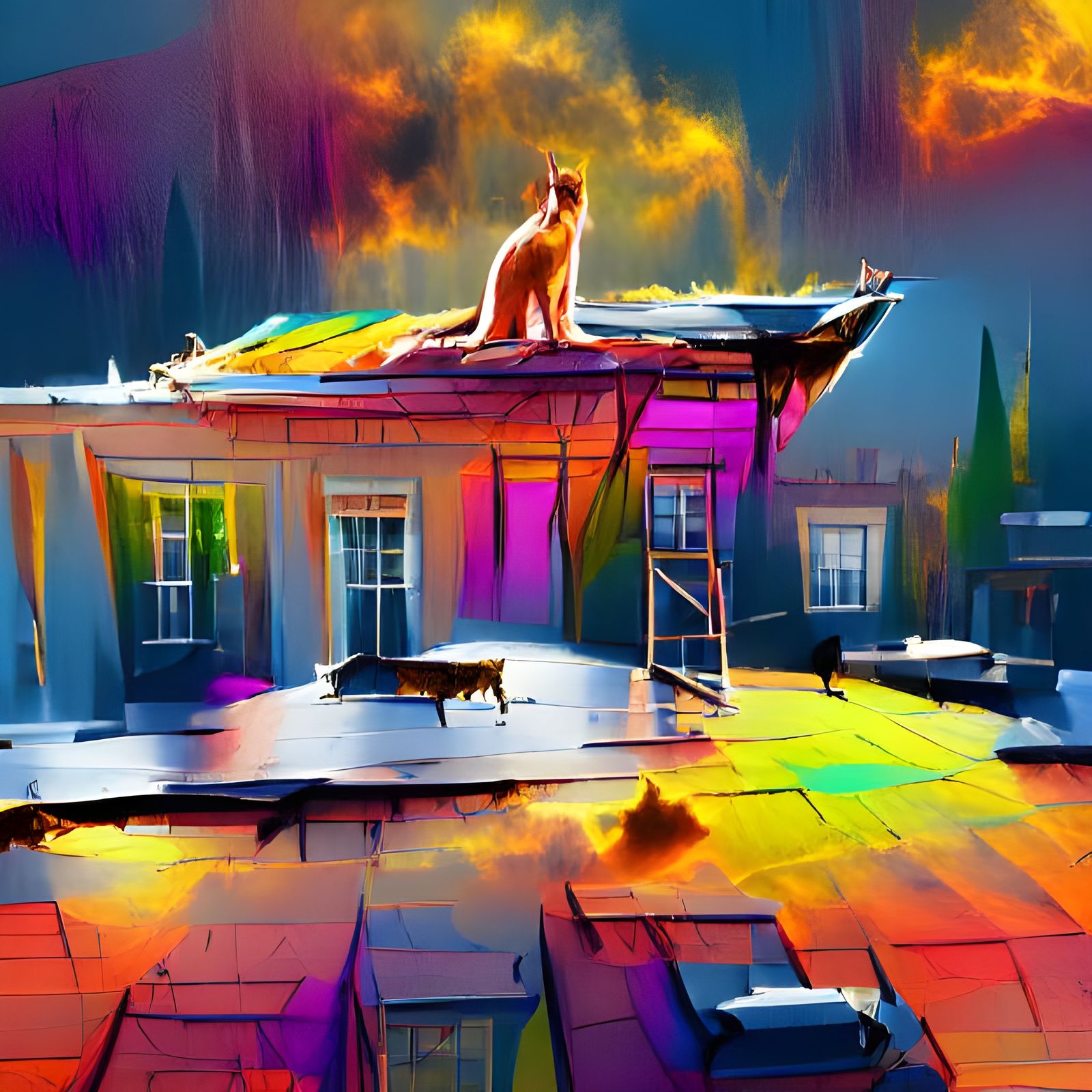 Colorful 8k Concept Art: Cat on Hot Tin Roof