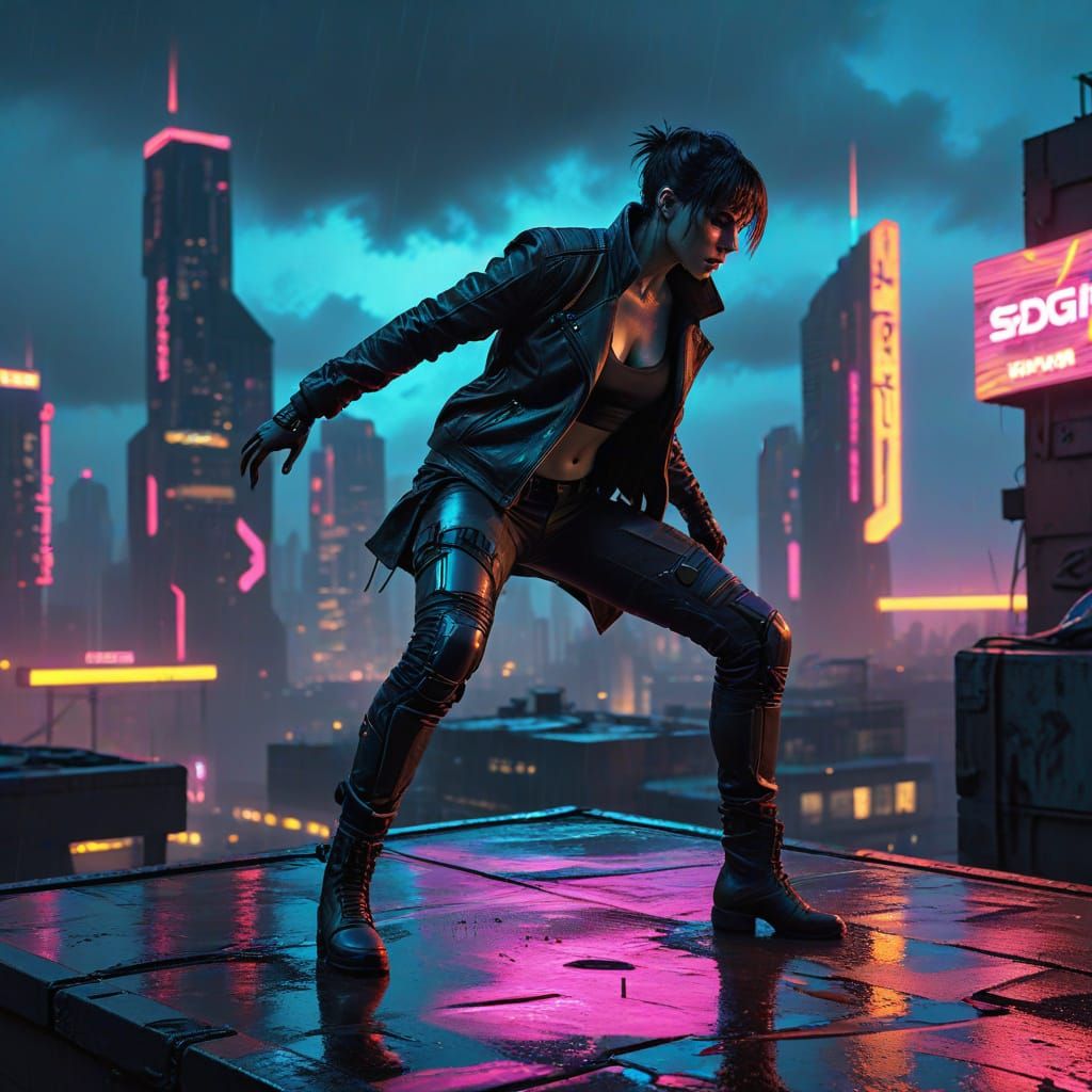 Street Dancer on Rooftop Overlooking Cyberpunk City Night
