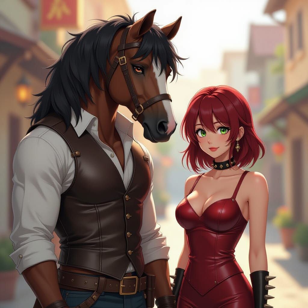 Anime-Style Centaur Beside Woman in Leather Dress