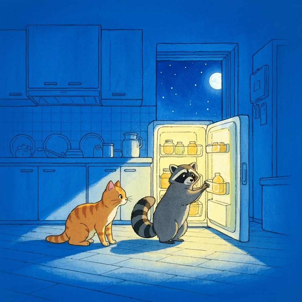 Curious Cat and Raccoon in Moonlit Kitchen, Ghibli Style