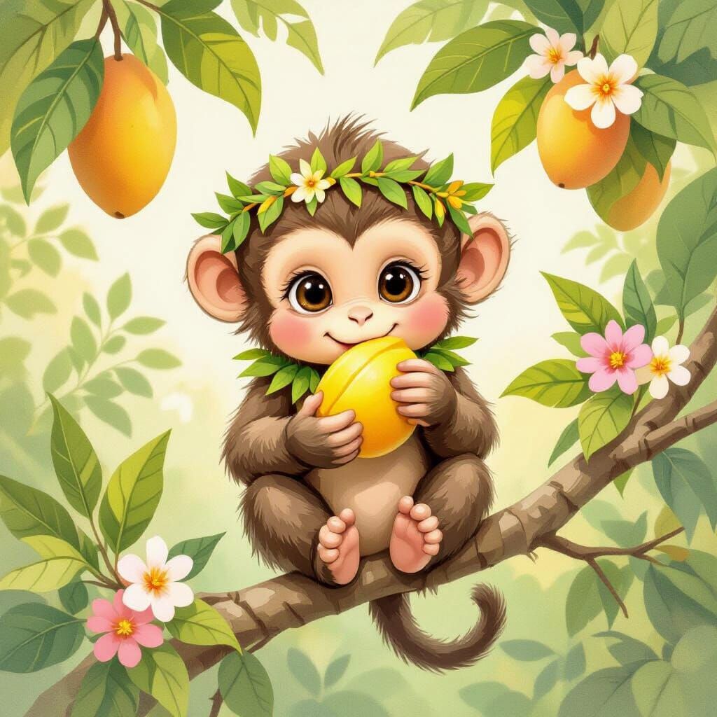 Charming Monkey Peels Mango in Children's Book Style