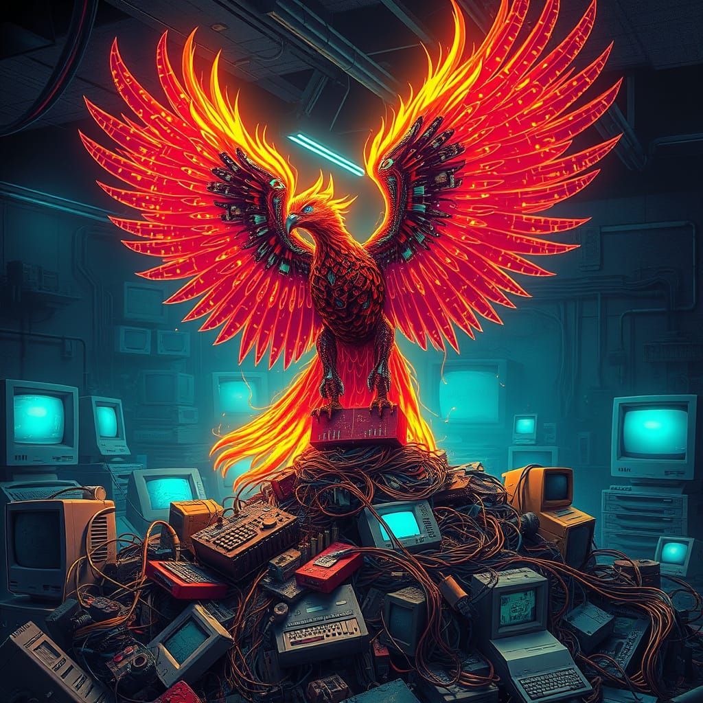 Phoenix Rising From Digital Waste in Retro-Futuristic Style