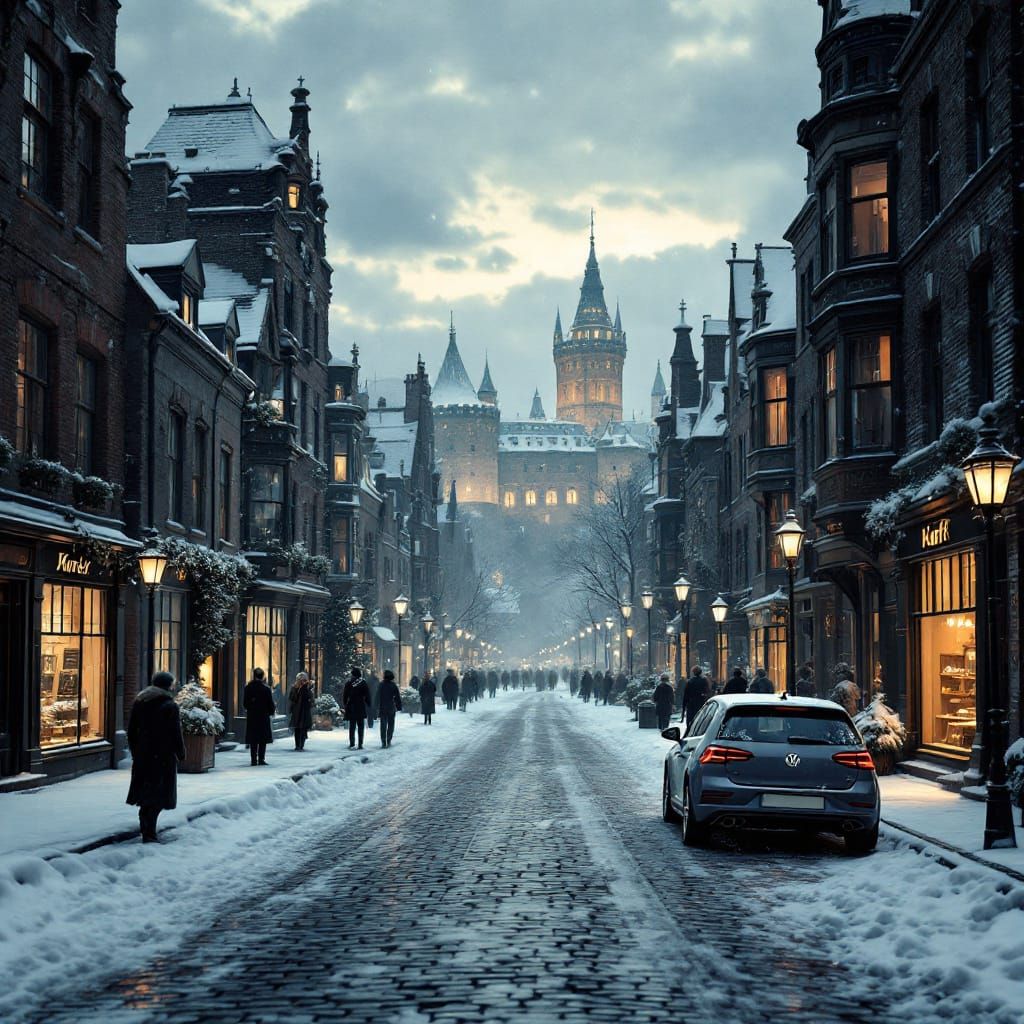 Snowy Victorian Alley at Dusk with Castle View