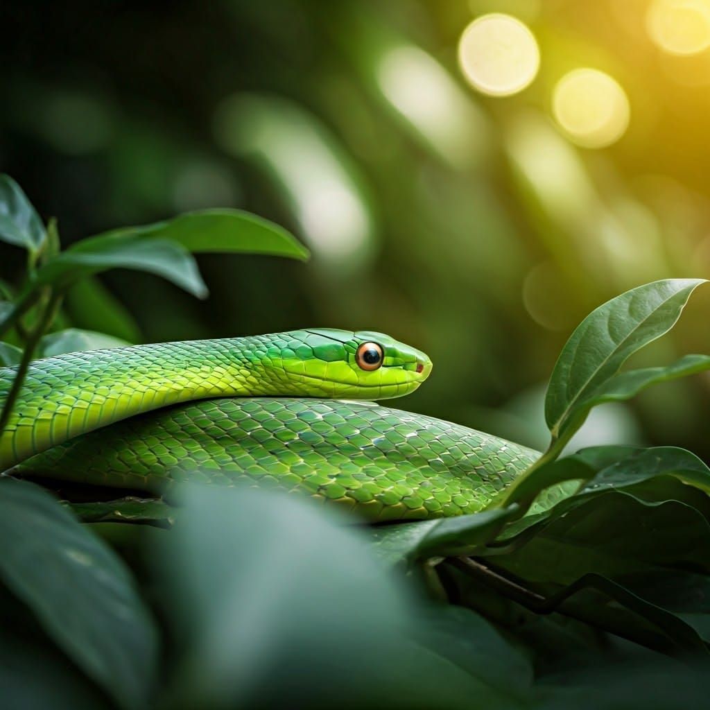 Green Snake Hidden in Tropical Jungle Foliage