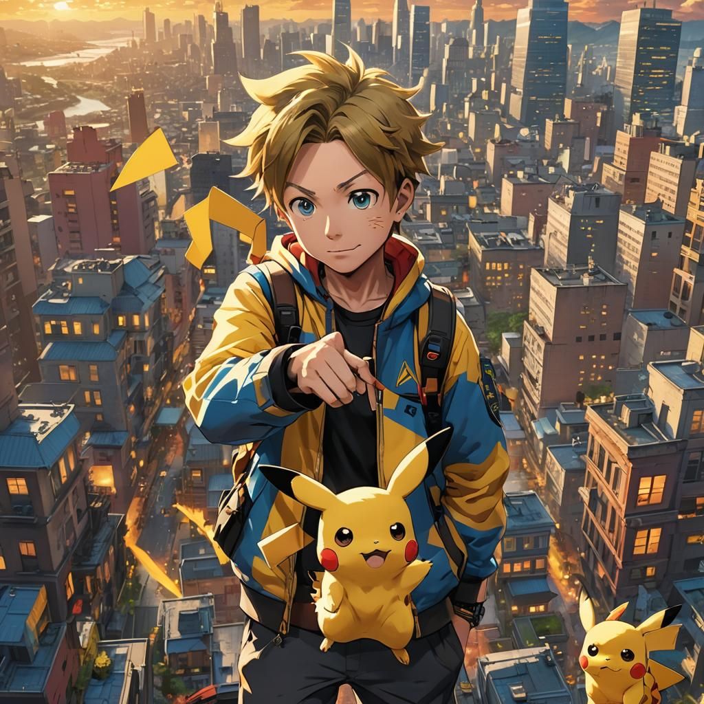 Denki and Pikachu in Vibrant Cityscape, Fantasy Art