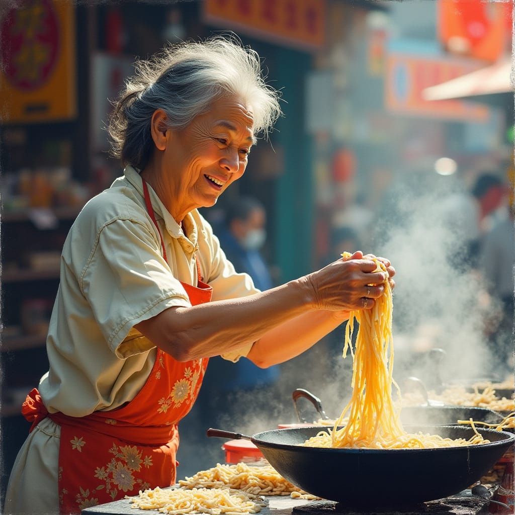 Vibrant Shanghai Street Food Scene in Impressionist Style