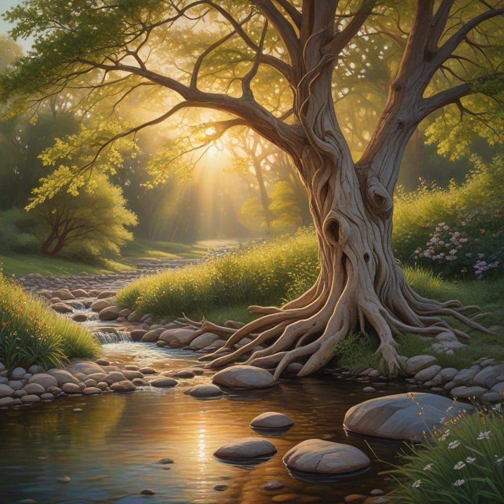Golden Sunset Light on Ancient Tree Oil Painting