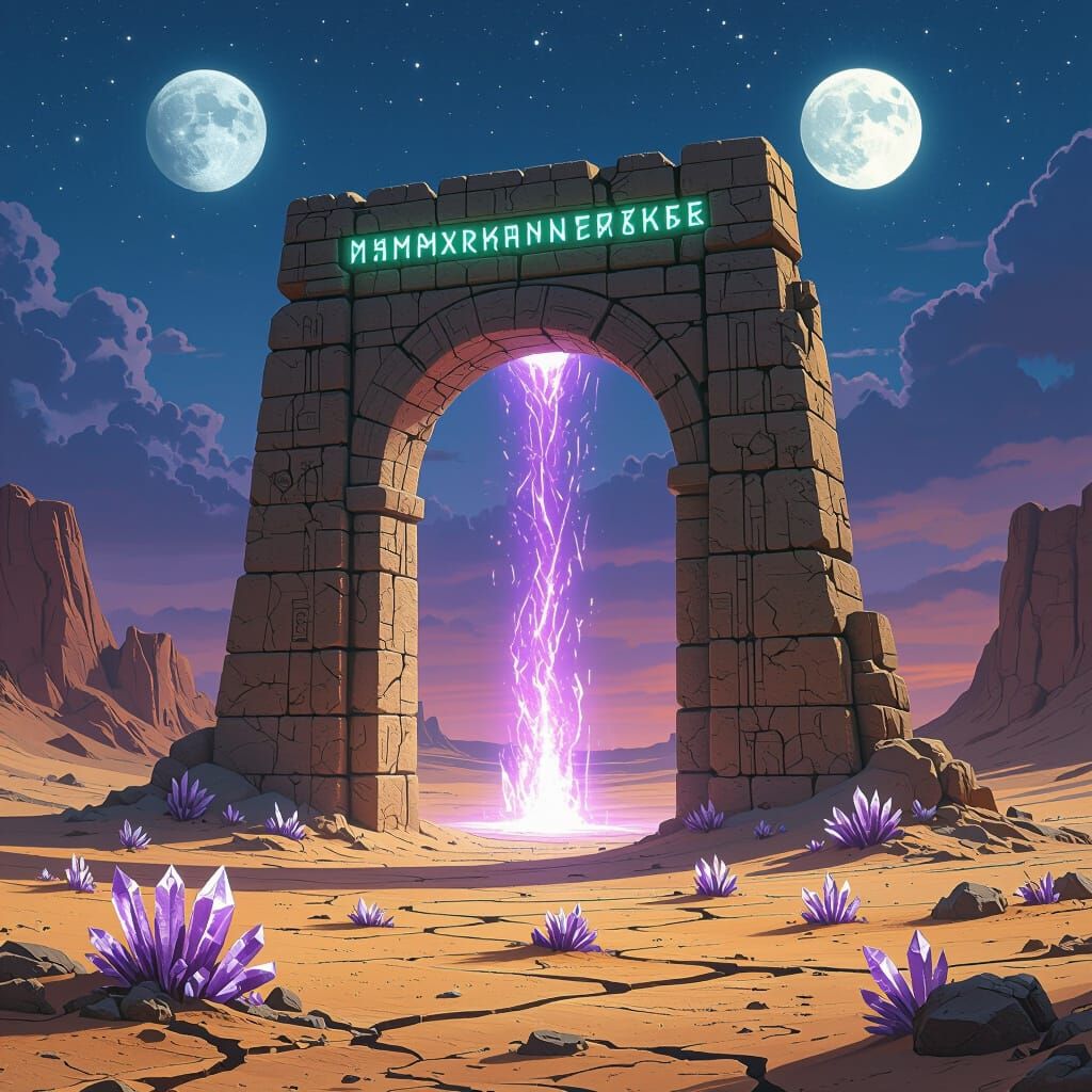 Ancient Stone Archway in Alien Desert Under Twin Moons