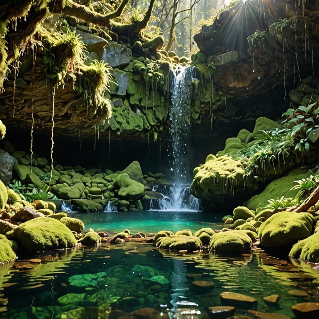 Sunlit Cave Behind Waterfall in Magical Realism