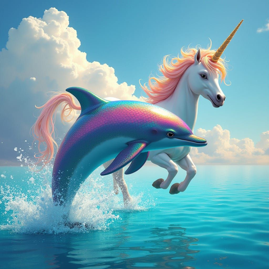 Whimsical Rainbow Dolphin and Unicorn in a Dreamlike Scene