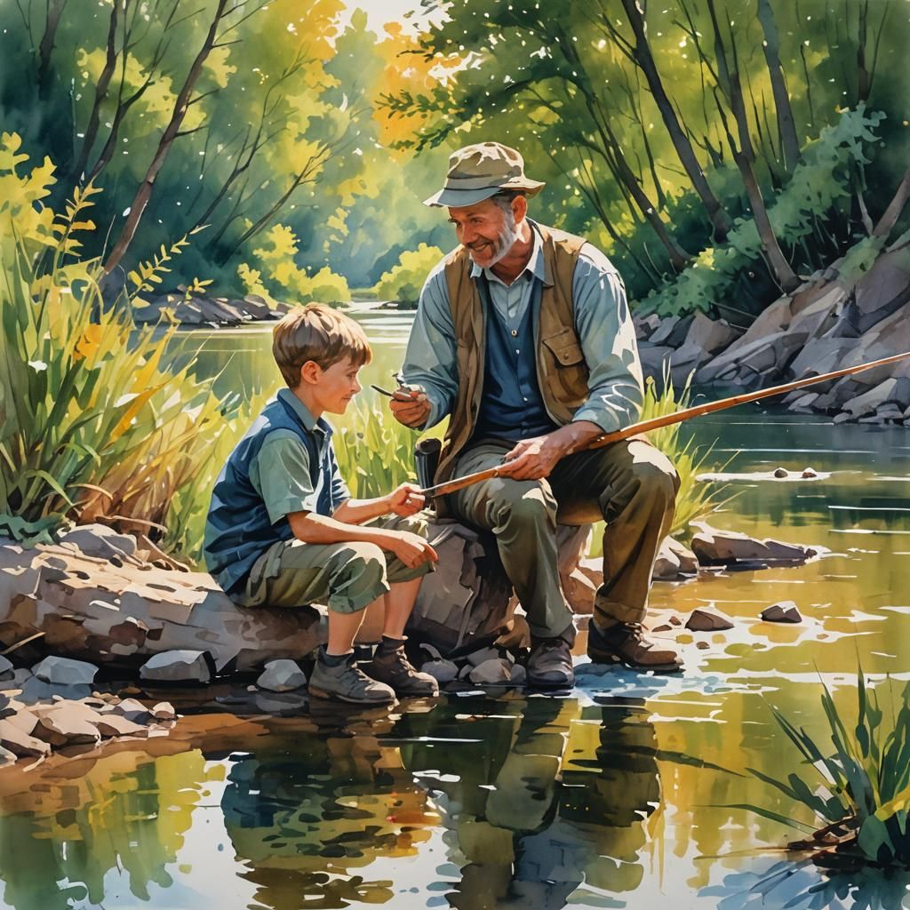 Impressionist Father and Son Fishing in Gouache Style