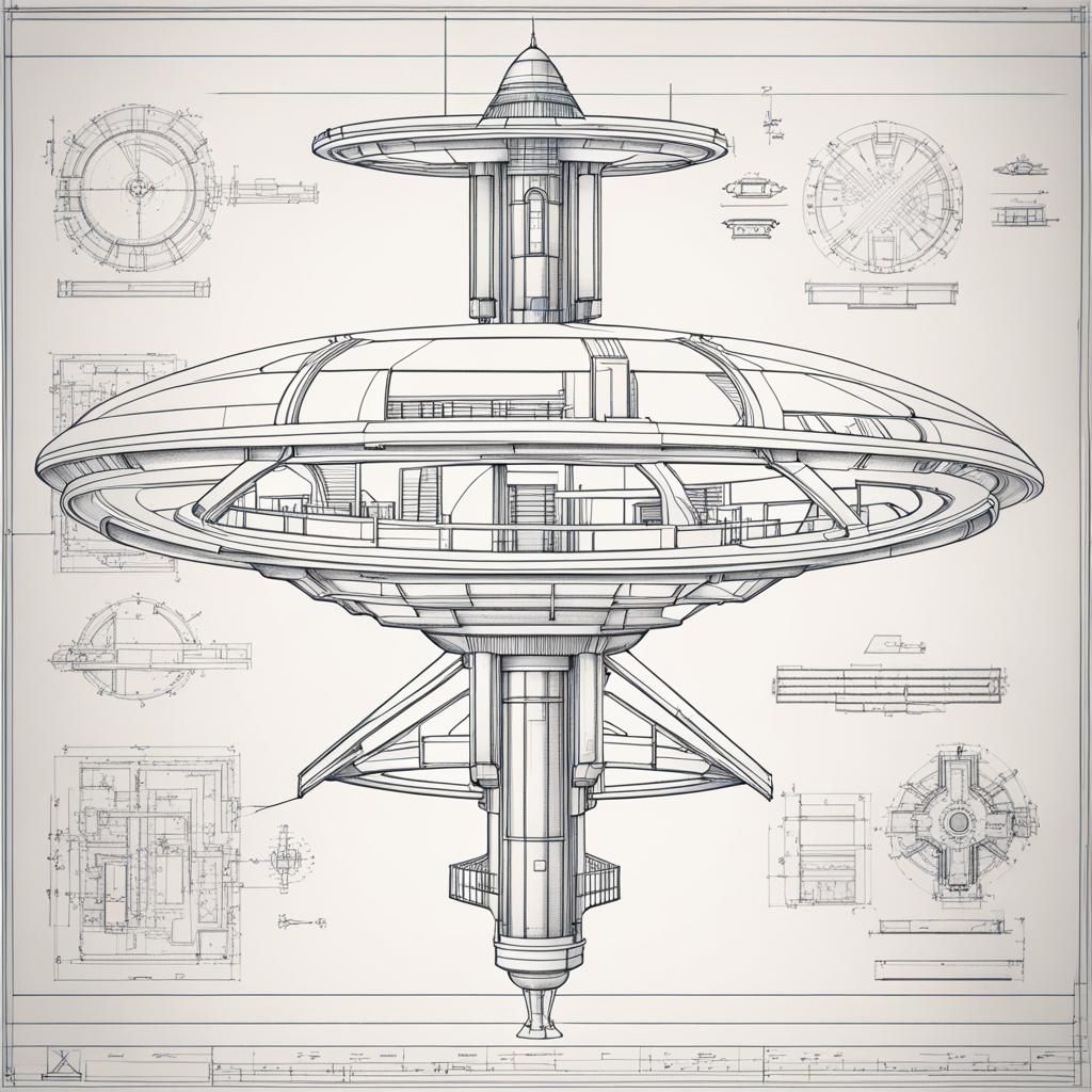 Starship Architect's Blueprint in Line Art Style